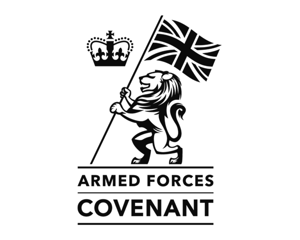 Armed Forces Covenant text logo with crown image and lion standing upright holding union flag